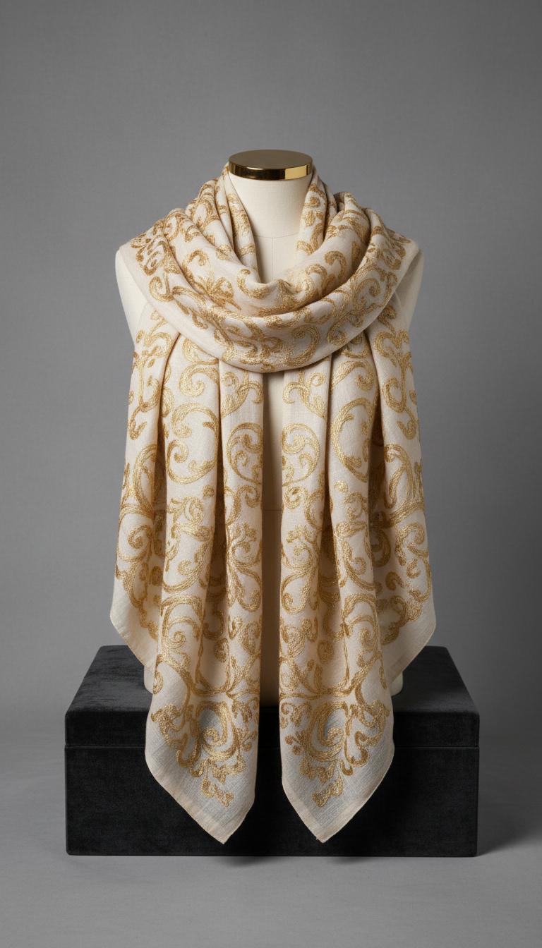Champagne Linen Scarf with 24k Gold Embroidery