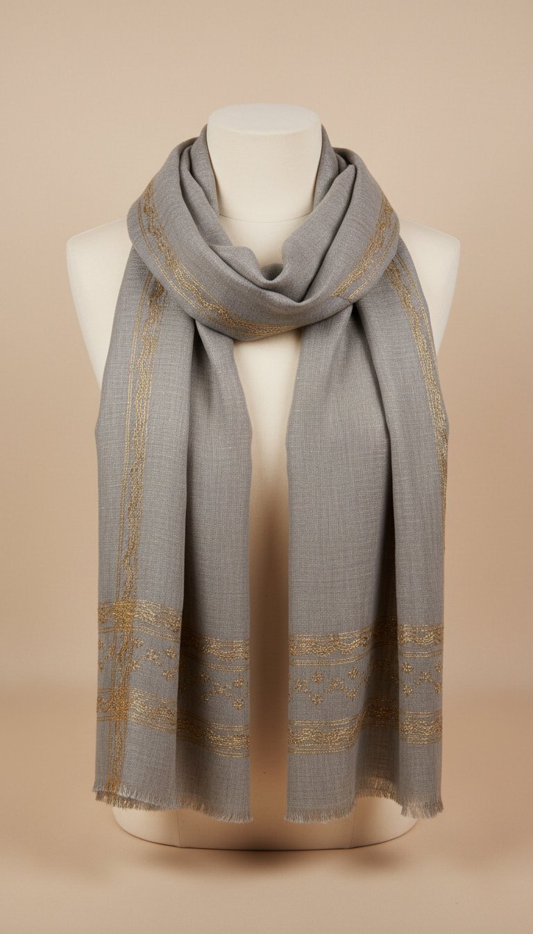 Stone Grey Linen Scarf with Gold-Thread Border