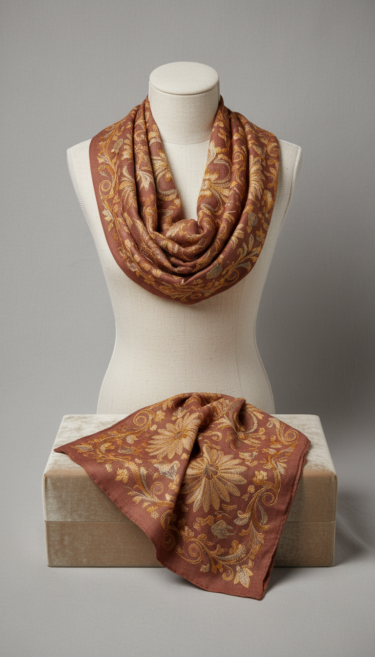 Mahogany Linen Scarf with Ornate Gold Motif