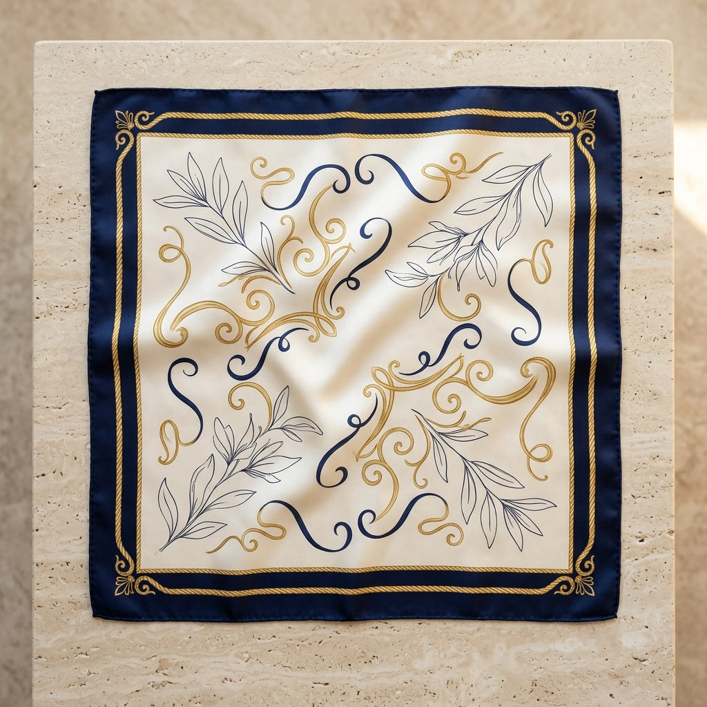 Modern Art Organic Floral Woven Silk Square Scarf (45x45 cm) – Royal Navy & Champagne Gold