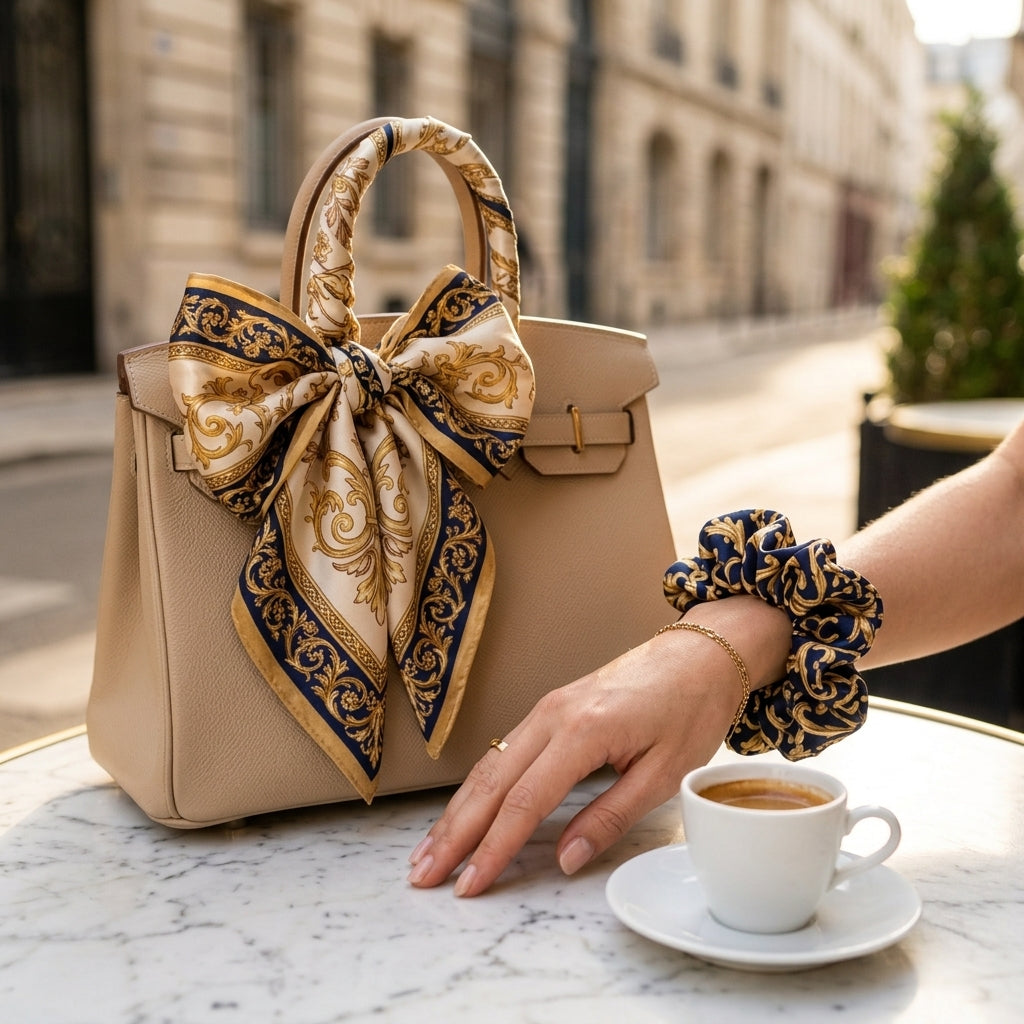 Baroque Scrollwork Silk Scarf & Matching Silk Scrunchie 2-Piece Luxury Gift Set