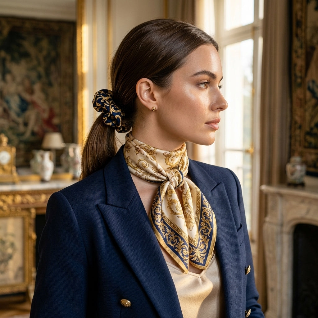 Baroque Scrollwork Silk Scarf & Matching Silk Scrunchie 2-Piece Luxury Gift Set