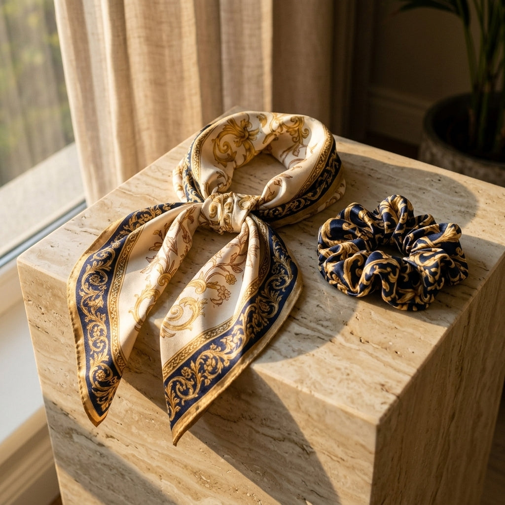 Baroque Scrollwork Silk Scarf & Matching Silk Scrunchie 2-Piece Luxury Gift Set