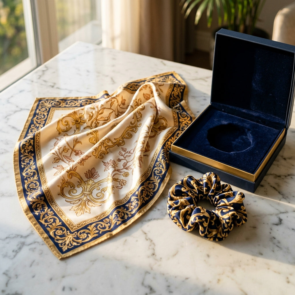 Baroque Scrollwork Silk Scarf & Matching Silk Scrunchie 2-Piece Luxury Gift Set