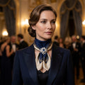 Haute Joaillerie Midnight Navy Mulberry Silk Scarf with 24K Gold Rope Trim & Pear-Cut Diamond Brooch