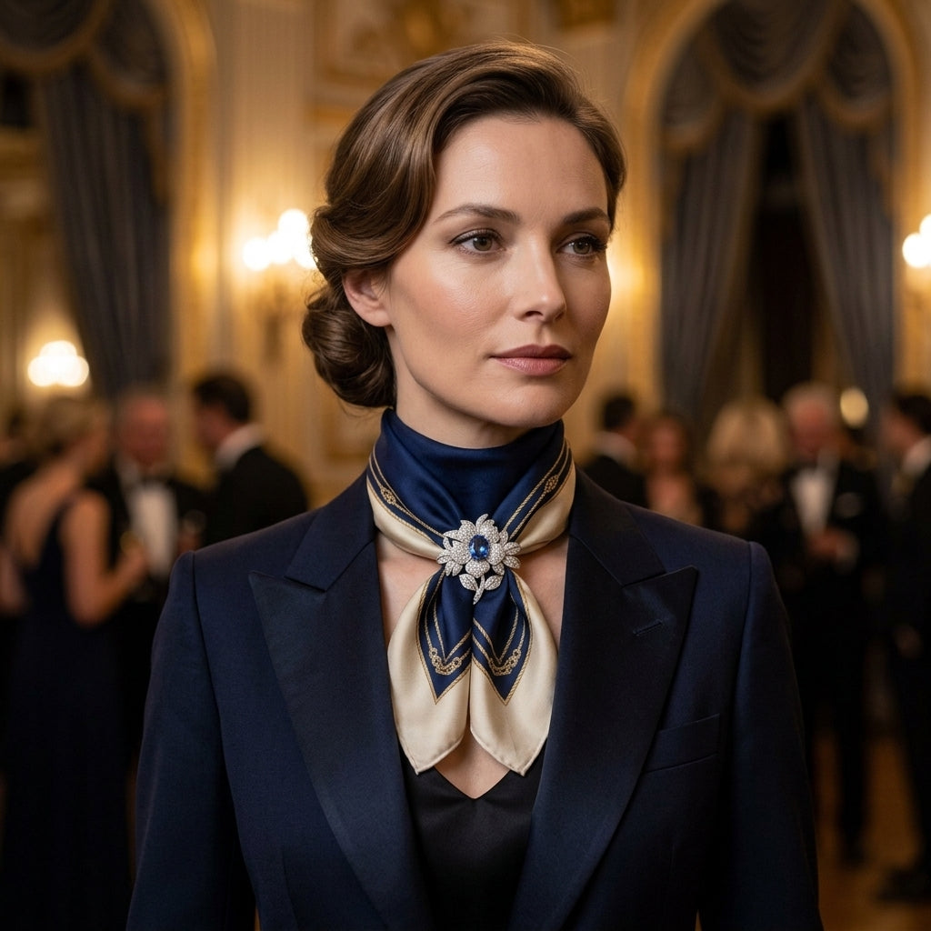 Haute Joaillerie Midnight Navy Mulberry Silk Scarf with 24K Gold Rope Trim & Pear-Cut Diamond Brooch