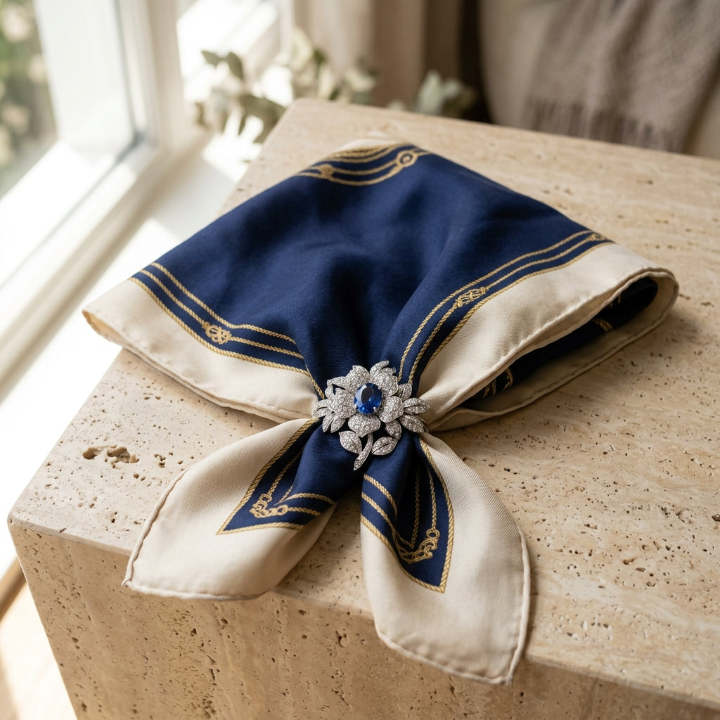 Haute Joaillerie Midnight Navy Mulberry Silk Scarf with 24K Gold Rope Trim & Pear-Cut Diamond Brooch
