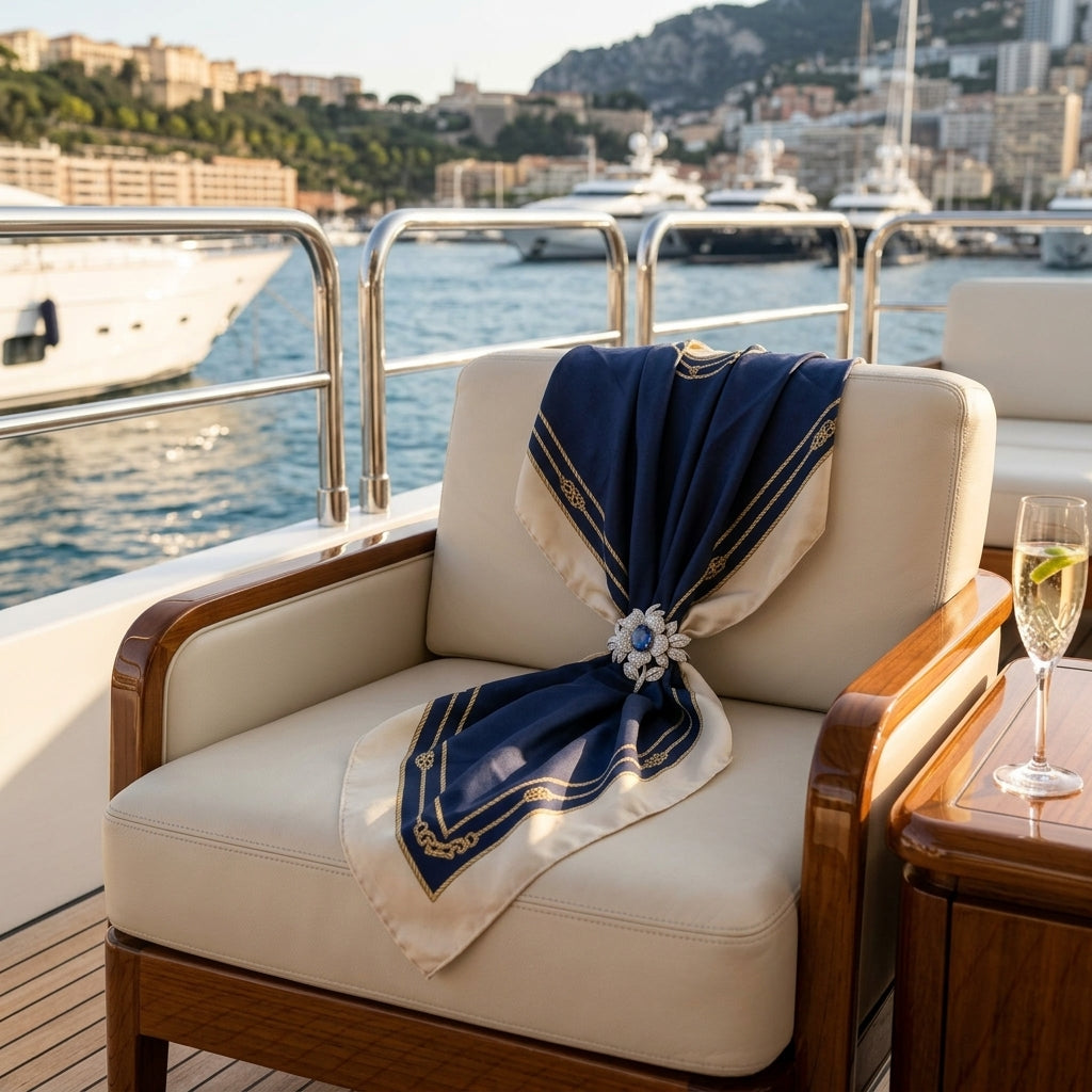 Haute Joaillerie Midnight Navy Mulberry Silk Scarf with 24K Gold Rope Trim & Pear-Cut Diamond Brooch
