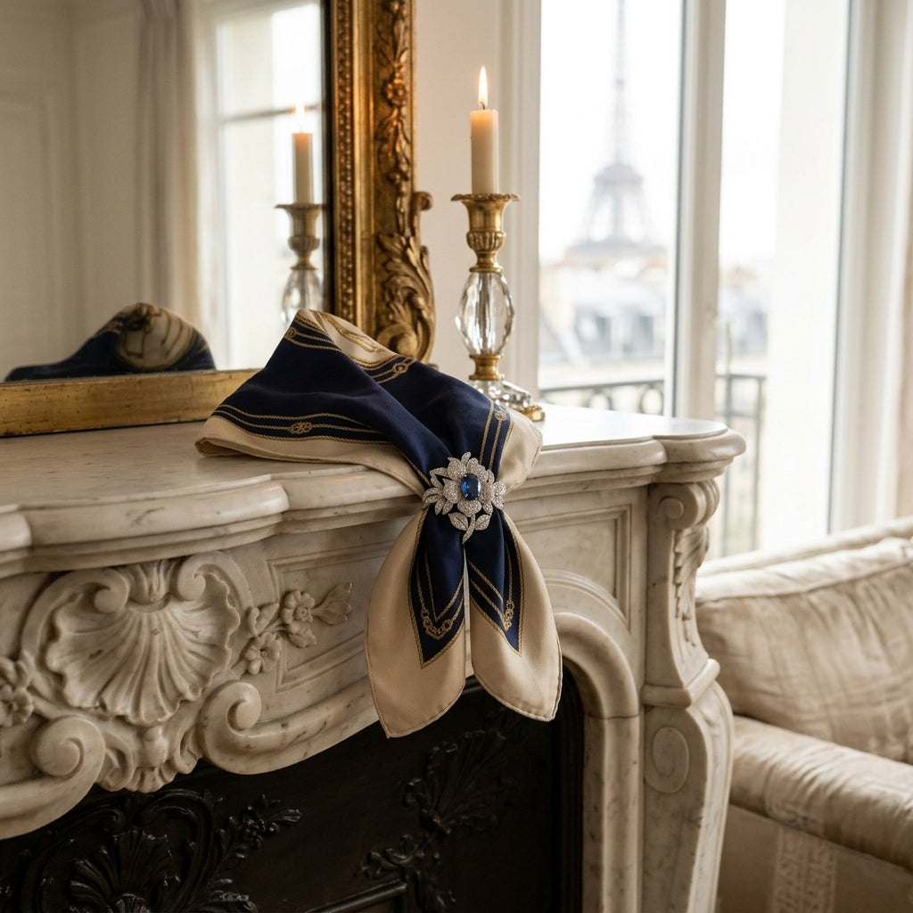 Haute Joaillerie Midnight Navy Mulberry Silk Scarf with 24K Gold Rope Trim & Pear-Cut Diamond Brooch